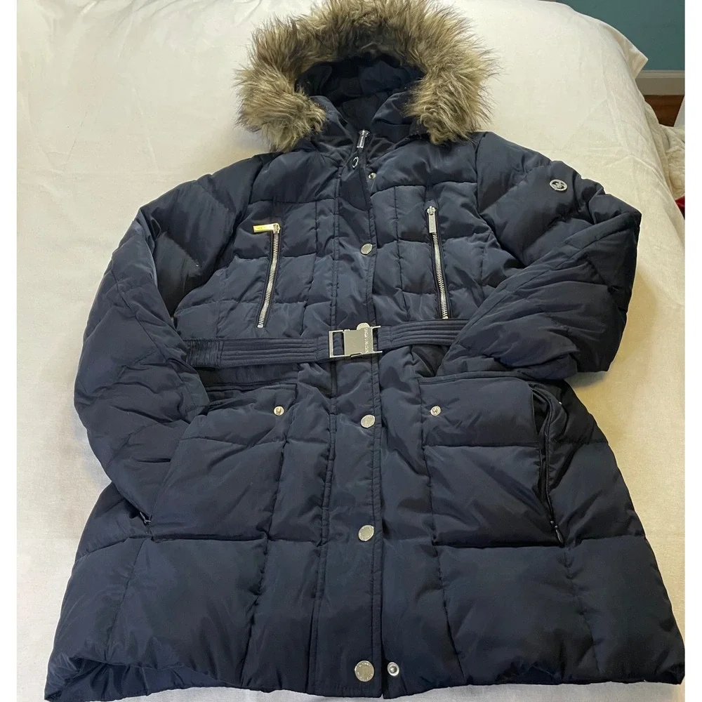 Michael Kors Puffer Parka Womens Medium Navy Blue Belted Faux Fur Hood Down Coat
